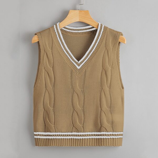 

Striped Trim Cable Knit Sweater Vest, Khaki