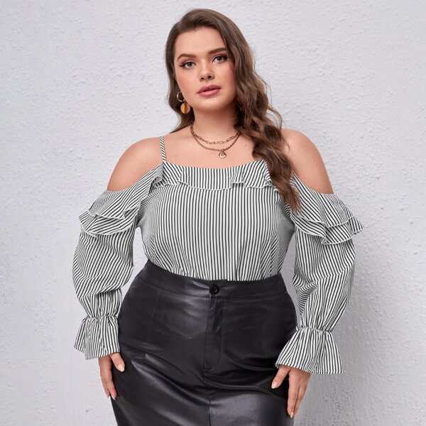 

Plus Striped Ruffle Trim Cold Shoulder Blouse, Black and white