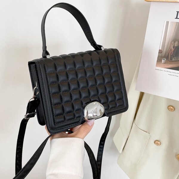 

Textured Metallic Decor Flap Satchel Bag, Black