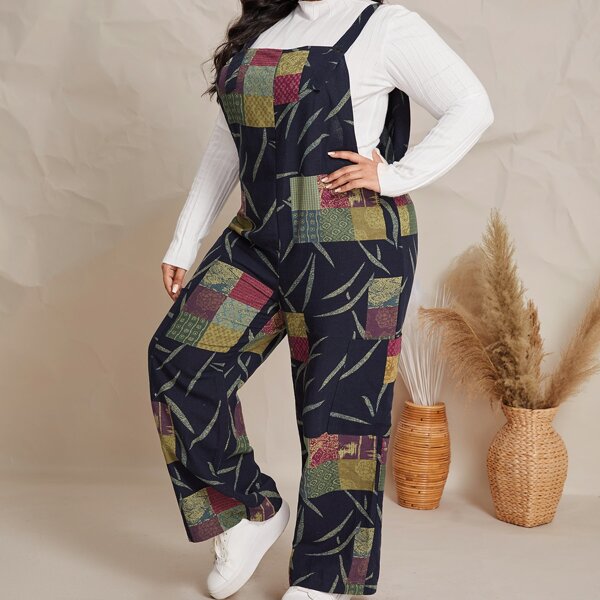 

Plus Patchwork Print Patched Pocket Overalls, Multicolor