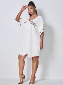 SHEIN EZwear Plus Letter Graphic Drop Shoulder Dress - White - View 1