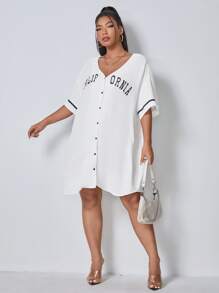 SHEIN EZwear Plus Letter Graphic Drop Shoulder Dress - White - View 3