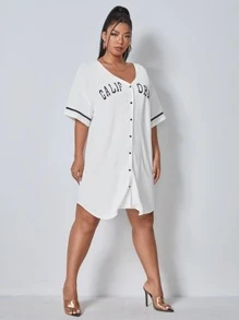 SHEIN EZwear Plus Letter Graphic Drop Shoulder Dress - White - View 4