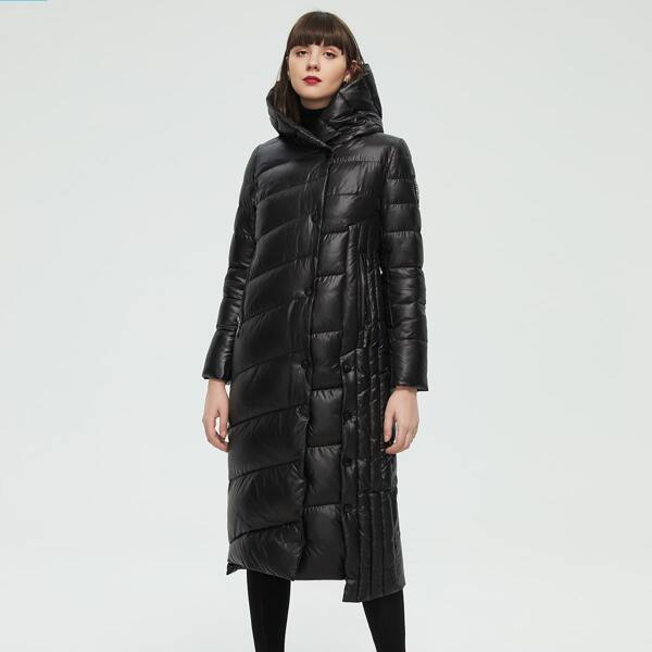 

Solid Button Front Belted Asymmetrical Hem Hooded Winter Coat, Black