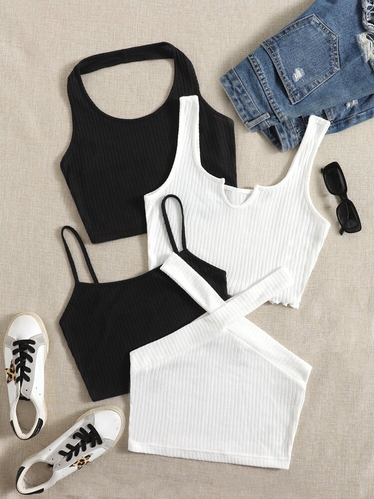 SHEIN EZwear 4pcs Solid Ribbed Knit Crop Top - Black and White - View 1