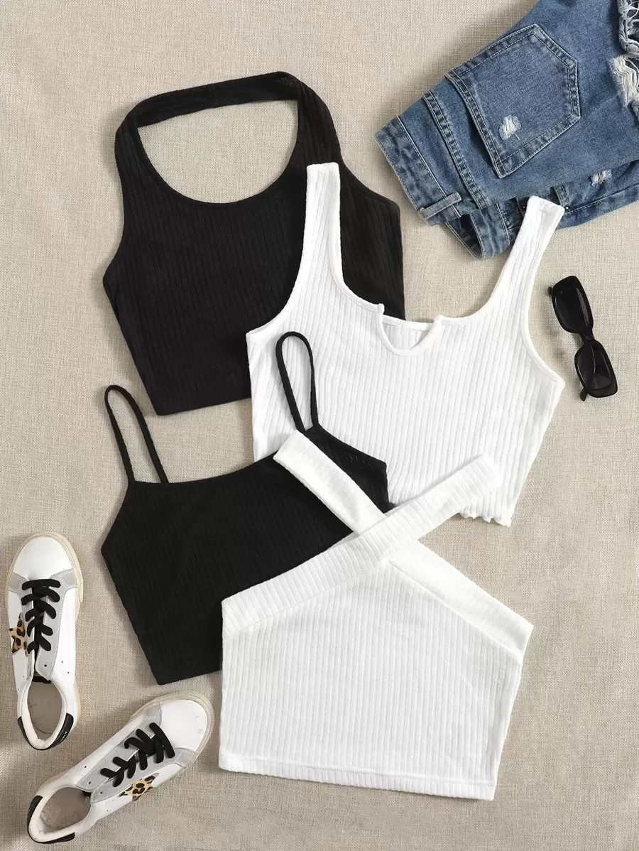 Muchica 4pcs Solid Ribbed Knit Crop Top