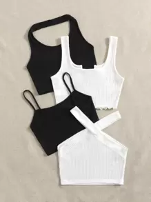 Muchica 4pcs Solid Ribbed Knit Crop Top
