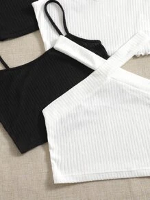 Muchica 4pcs Solid Ribbed Knit Crop Top
