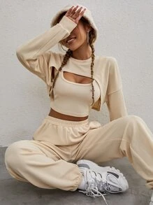 SHEIN Unity Drop Shoulder High Low Hem Pullover & Joggers With Tank Top - Apricot - View 1