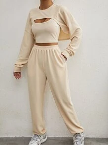 SHEIN Unity Drop Shoulder High Low Hem Pullover & Joggers With Tank Top - Apricot - View 4