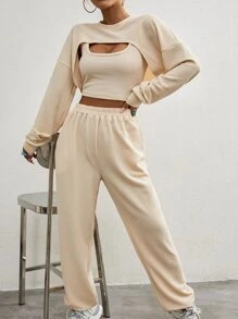 SHEIN Unity Drop Shoulder High Low Hem Pullover & Joggers With Tank Top - Apricot - View 6
