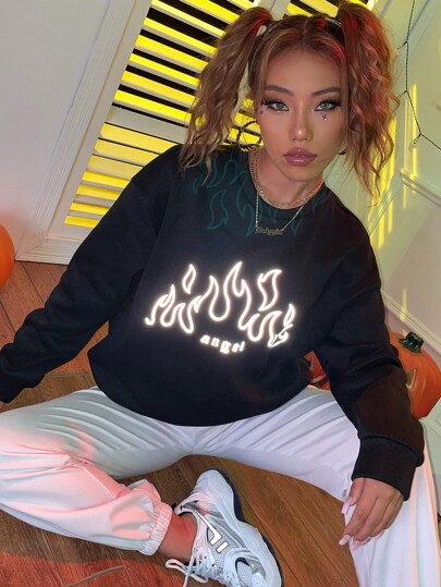 Reflective Fire & Letter Graphic Drop Shoulder Pullover