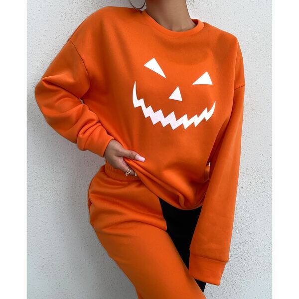

Halloween Pumpkin Print Drop Shoulder Pullover, Orange