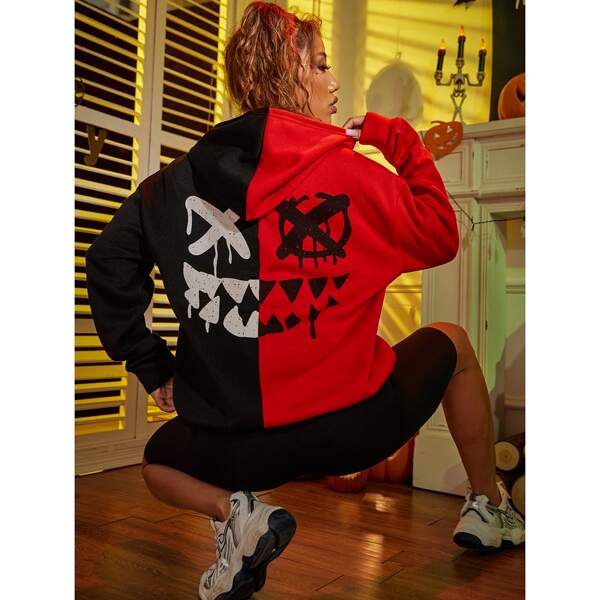 

Halloween Print Color Block Drop Shoulder Drawstring Hoodie, Multicolor