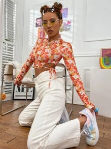 Floral Print Cut Out Knot Side Crop Tee - Multicolor - View 5