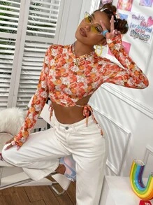 Floral Print Cut Out Knot Side Crop Tee - Multicolor - View 7