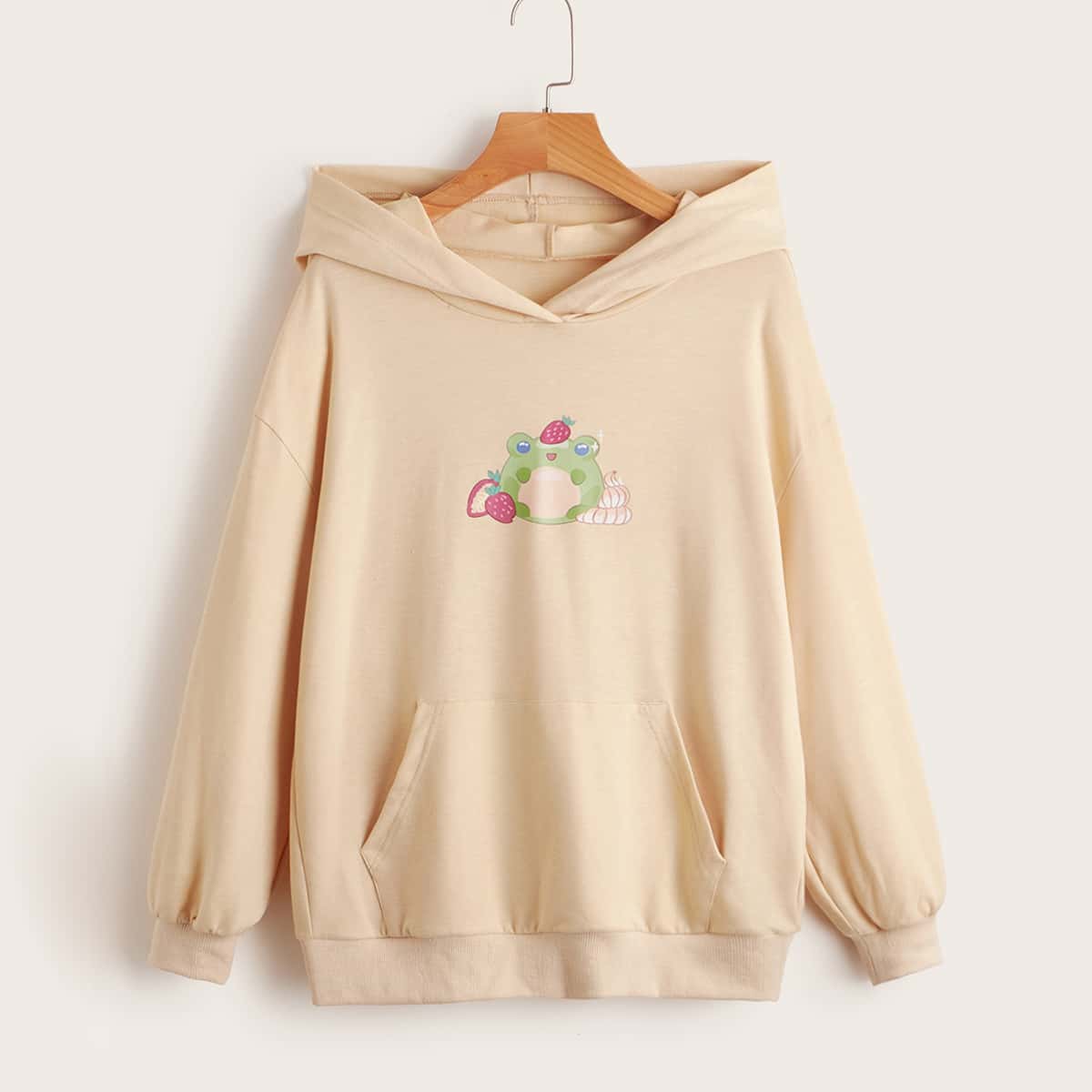 

Cartoon Frog Graphic Kangaroo Pocket Hoodie, Apricot