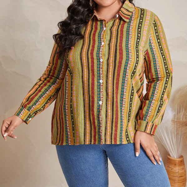 

Plus Plants & Striped Print Blouse, Multicolor