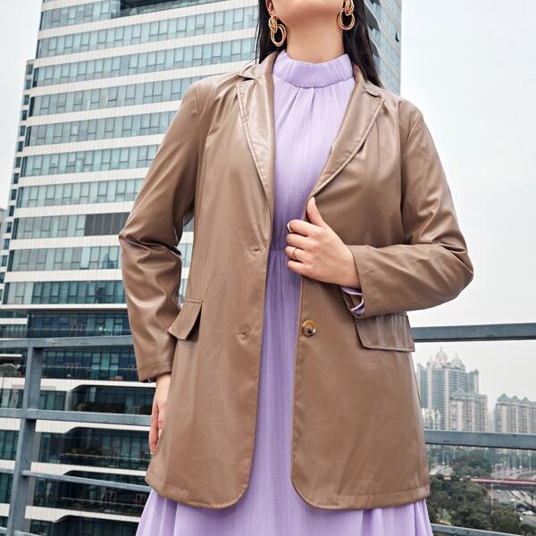 

Plus Lapel Neck PU Leather Blazer, Mocha brown
