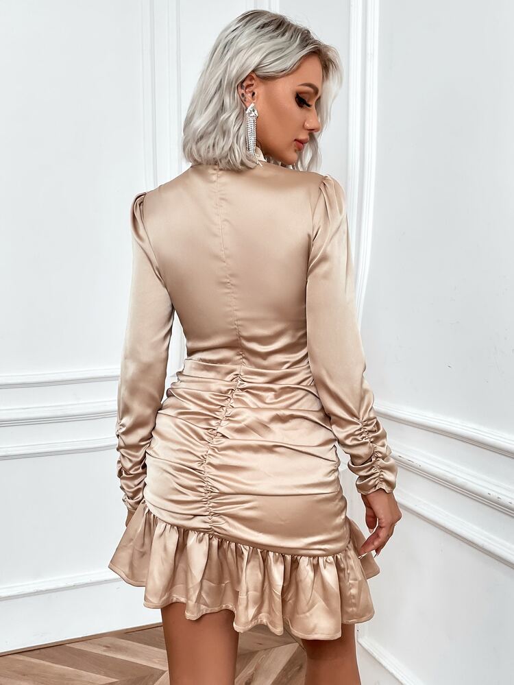 Eilly Bazar Mock Neck Ruched Ruffle Hem Dress - Apricot - View 2