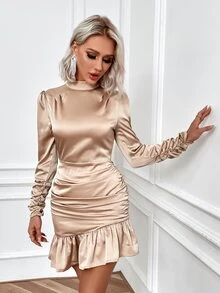 Eilly Bazar Mock Neck Ruched Ruffle Hem Dress