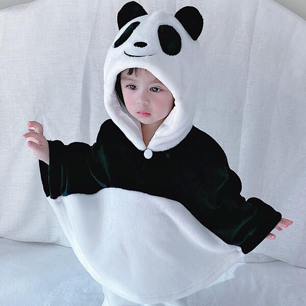 

Baby Bear Graphic 3D Ears Design Hooded Poncho Coat, Black and white
