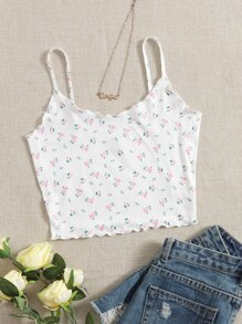 SHEIN Qutie Áo hai dây Xù nhỏ Họa tiết hoa Giải trí - trắng - Xem 1