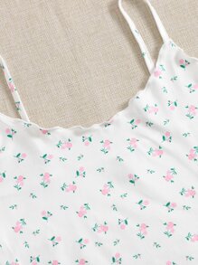 SHEIN Qutie Áo hai dây Xù nhỏ Họa tiết hoa Giải trí - trắng - Xem 4