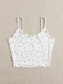 SHEIN Qutie Áo hai dây Xù nhỏ Họa tiết hoa Giải trí - trắng - Xem 5