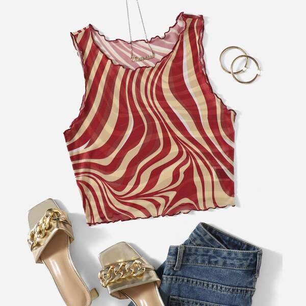 

Marble Print Lettuce Trim Mesh Tank Top, Multicolor