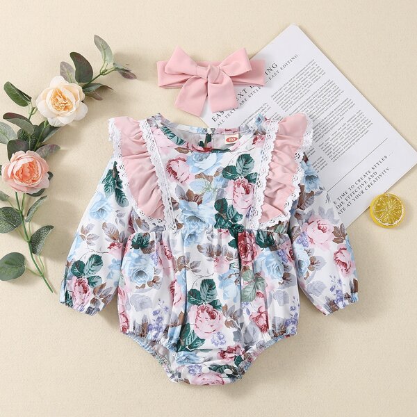 

Baby Floral Ruffle Trim Bodysuit With Headband, Multicolor