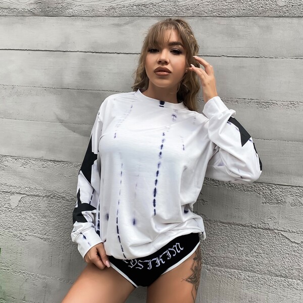 

Tie Dye Star Print Drop Shoulder Sweatshirt, White
