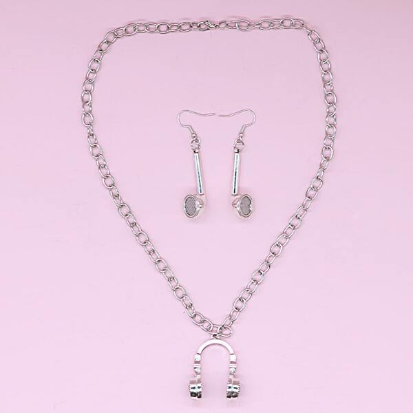

Headset Charm Necklace & Earphone Drop Earrings, Silver