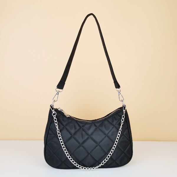 

Quilted Embossed Shoulder Chain Bag, Black