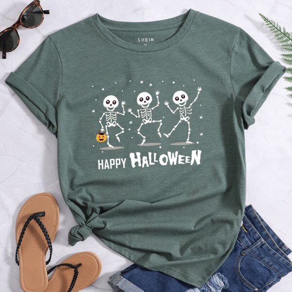 

Halloween Print Round Neck Tee, Dark green