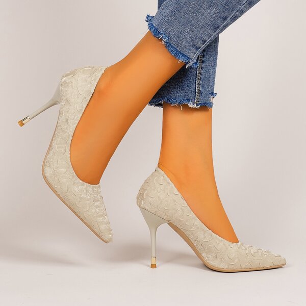 

Glitter Textured Point Toe Court Pumps, Beige