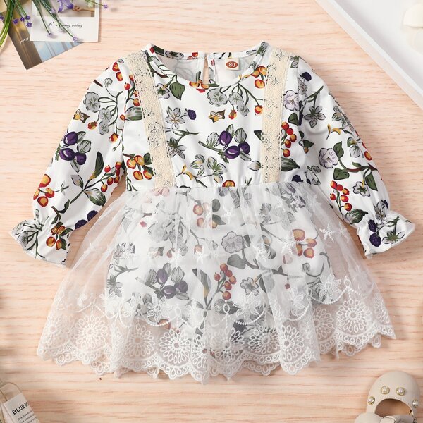 

Baby Floral Print Contrast Mesh Flounce Sleeve Bodysuit, Multicolor