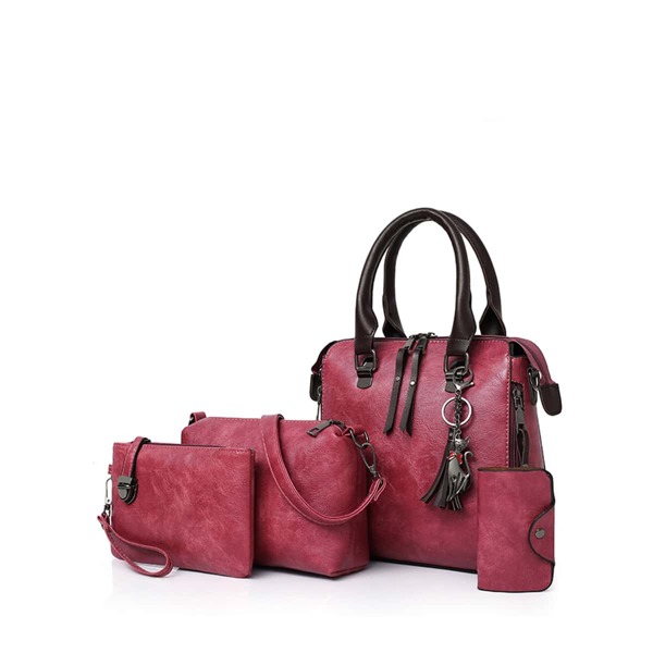 

4pcs Tassel Decor Satchel Bag Set, Red