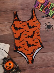 Toddler Girls Bat Print One Piece Swimsuit - Orange - View 1