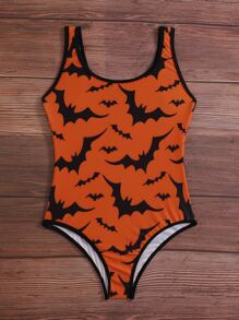 Toddler Girls Bat Print One Piece Swimsuit - Orange - View 4