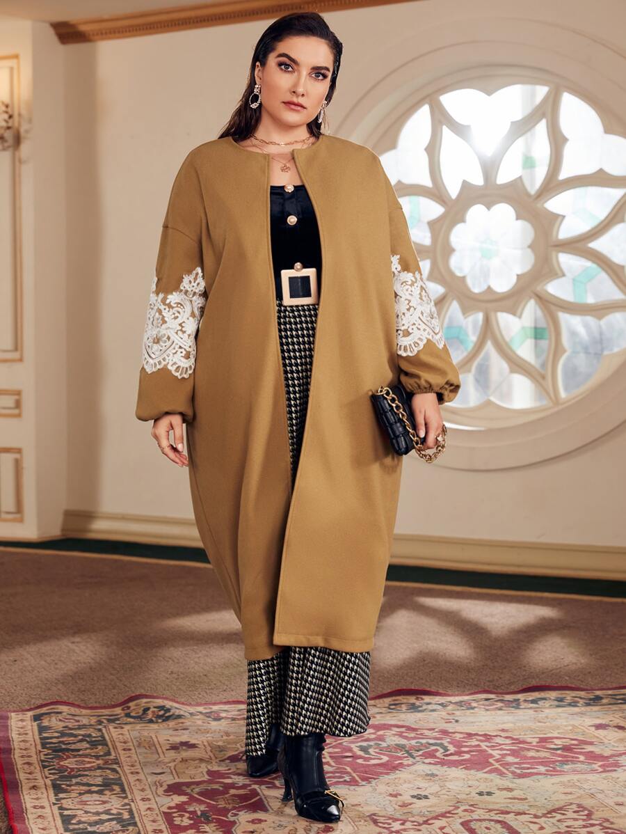 Mulvari Plus Contrast Guipure Lace Overcoat - Camel - View 1