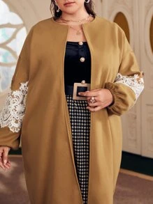 Mulvari Plus Contrast Guipure Lace Overcoat - Camel - View 5