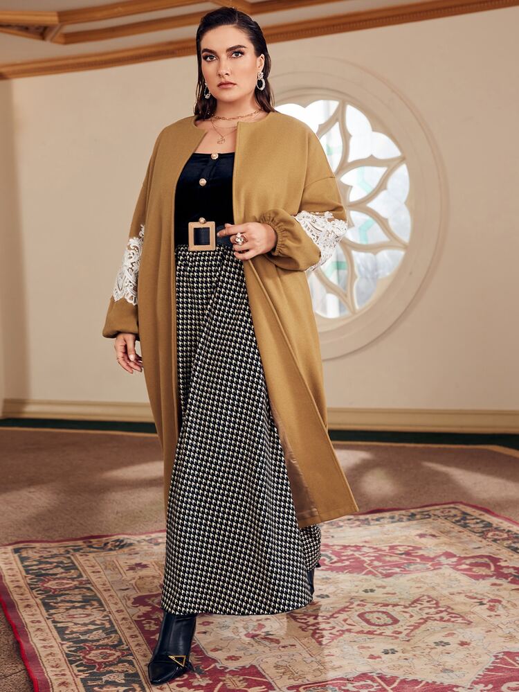 Mulvari Kontrast Spets Färgblock Enkel Plus Size Överdragskappor - Kamel - Visa 7