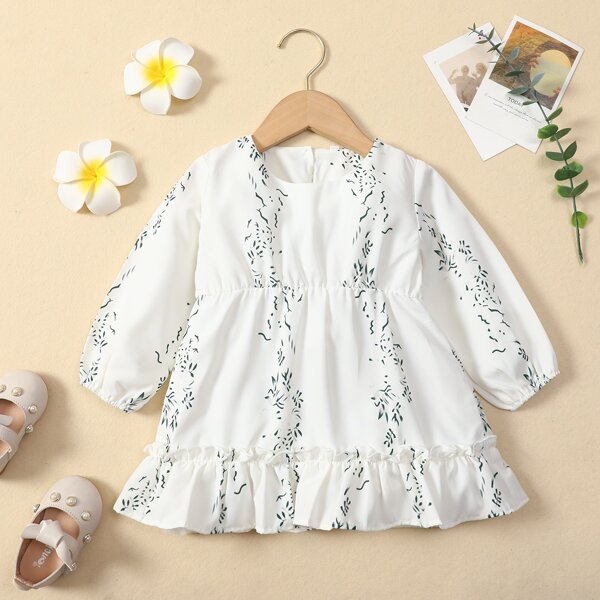 

Baby Plant Print Bishop Sleeve Frilled Ruffle Hem Dress, White