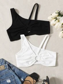 SHEIN ICON 2pcs O-ring Front Asymmetrical Neck Crop Top - Black and White - View 2