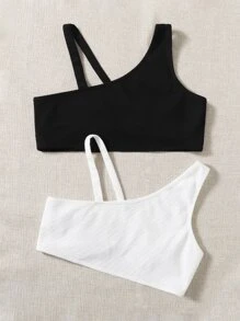 SHEIN ICON 2pcs O-ring Front Asymmetrical Neck Crop Top - Black and White - View 3