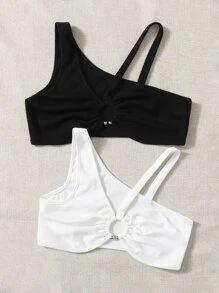 SHEIN ICON 2pcs O-ring Front Asymmetrical Neck Crop Top - Black and White - View 5