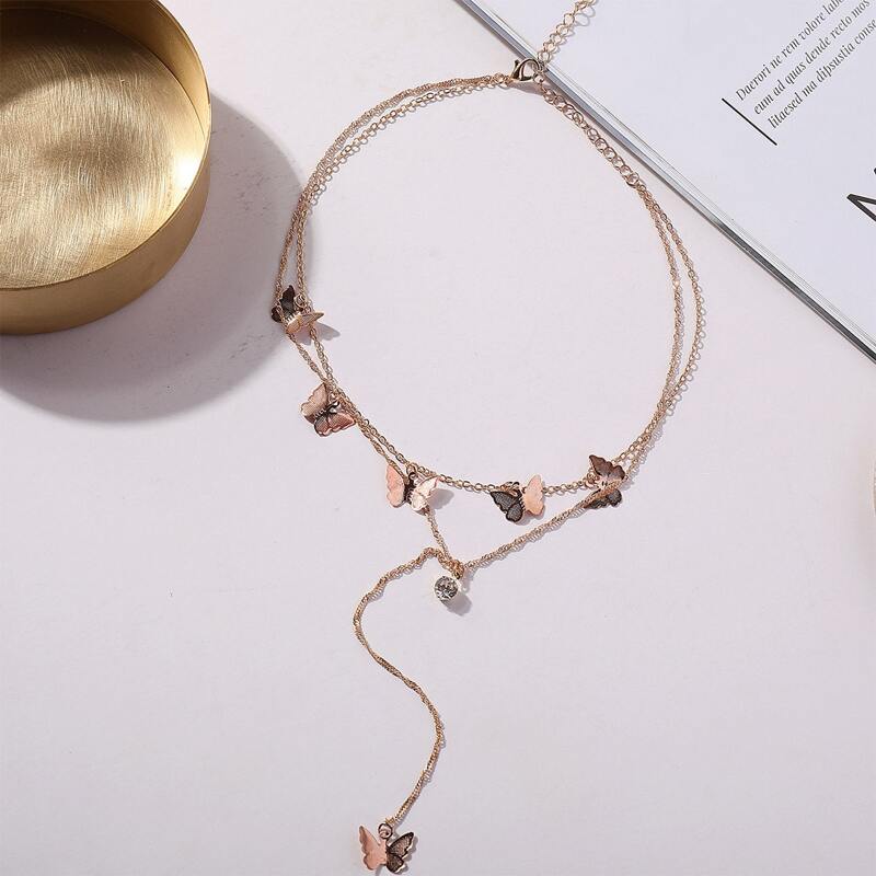 

Butterfly Charm Layered Chain Necklace, Gold
