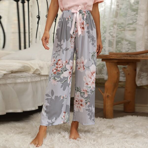 

Tie Waist Floral Print Wide Leg Sleep Pants, Multicolor