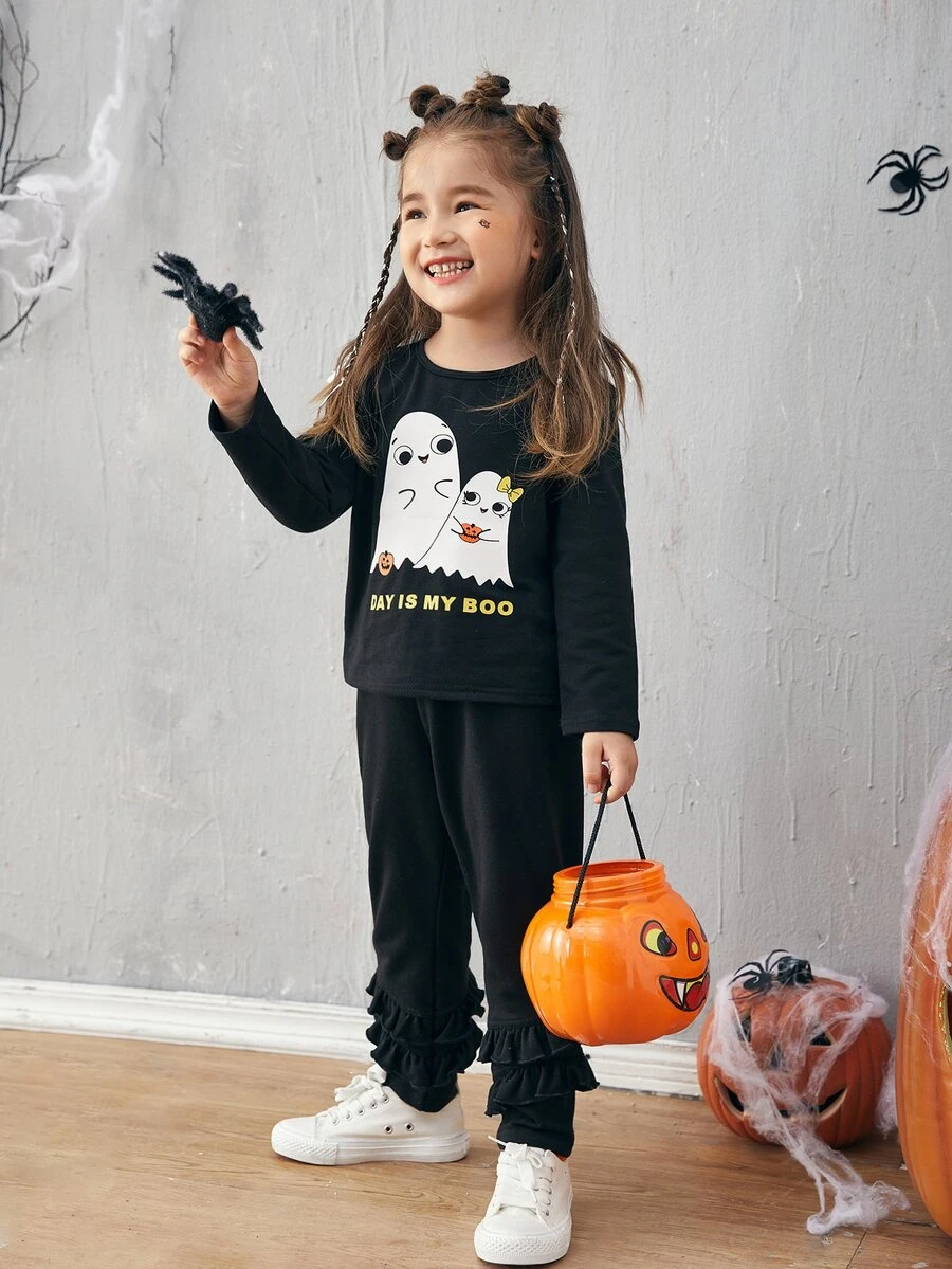 SHEIN Toddler Girls Halloween Slogan And Ghost Print Tee & Layered Ruffle Trim Pants - Black - View 1